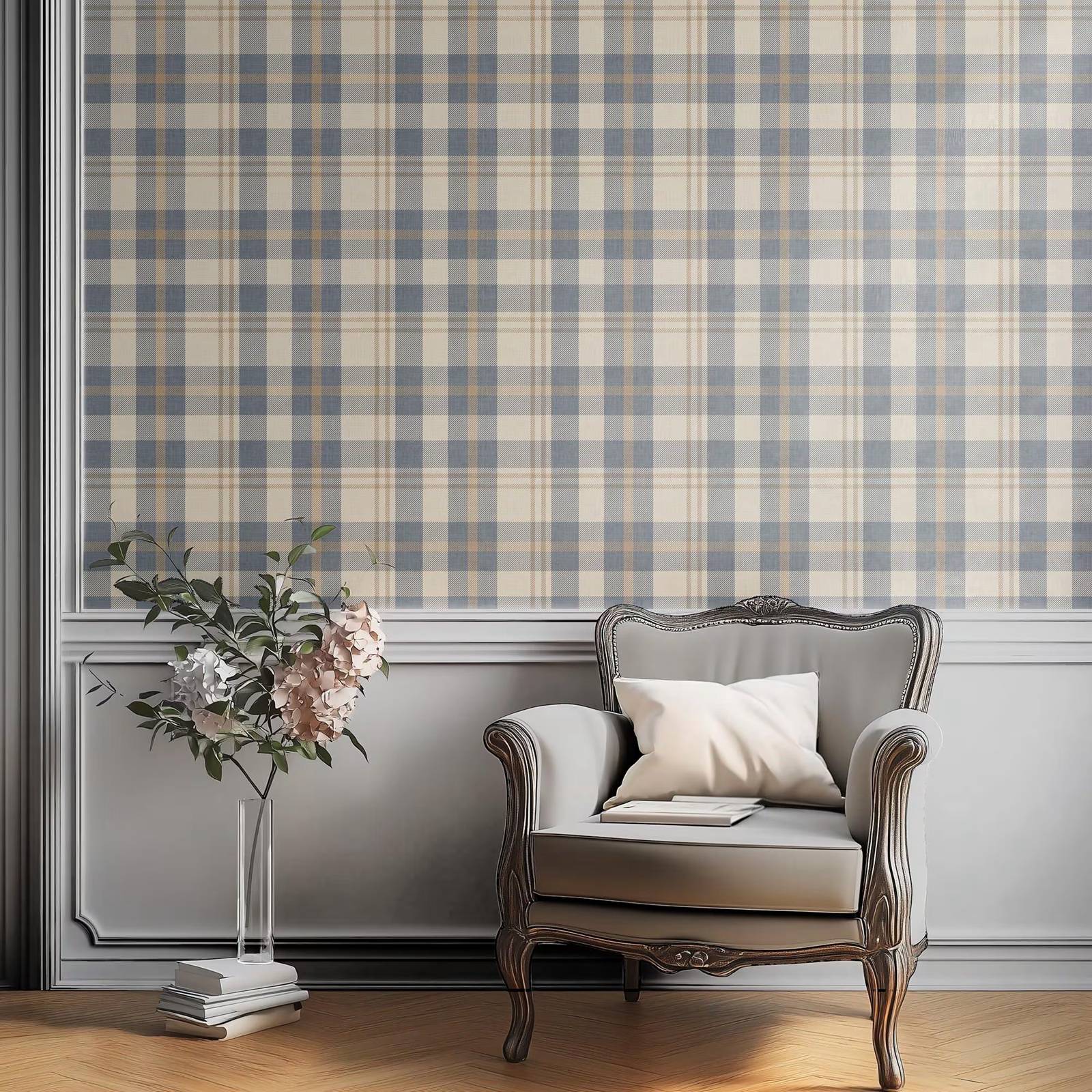 Neutral Blue and Beige Plaid W - Interior Design Scandinavian 评论和价格